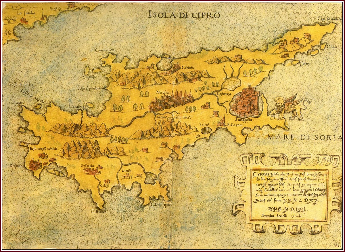 Ferrandus BERTELLI, 'Isola di Cipro' - 'Cyprus Insula olim Macharia... Romae M.D.LXII, Ferandus Bertelli excude' (182x250mm), Ρώμη 1562