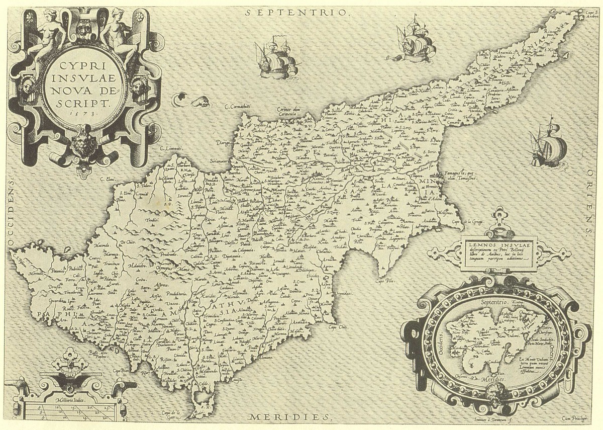 Abraham ORTELIUS (εκδότης), Ioannes a DEUTECUM (χαρτογράφος), 'Cypri Insulae Nova Descript. 1573.' (350x495mm) σελίδα 52, Theatrum Orbis Terrarum, Αμβέρσα 1574