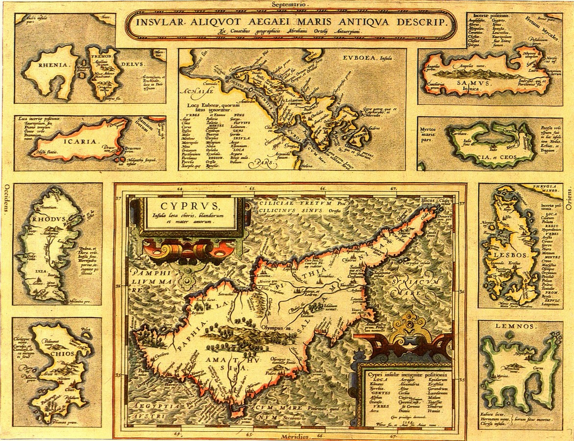 Abraham ORTELIUS, 'Insular. Aliquot Aegaei Maris Antiqua Descrip.' - 'Cyprus Insula laeta choris,...' (360x470mm) σελίδα 90, Theatrum Orbis Terrarum, Αμβέρσα 1584. Λατινικά. Έγχρωμος. 