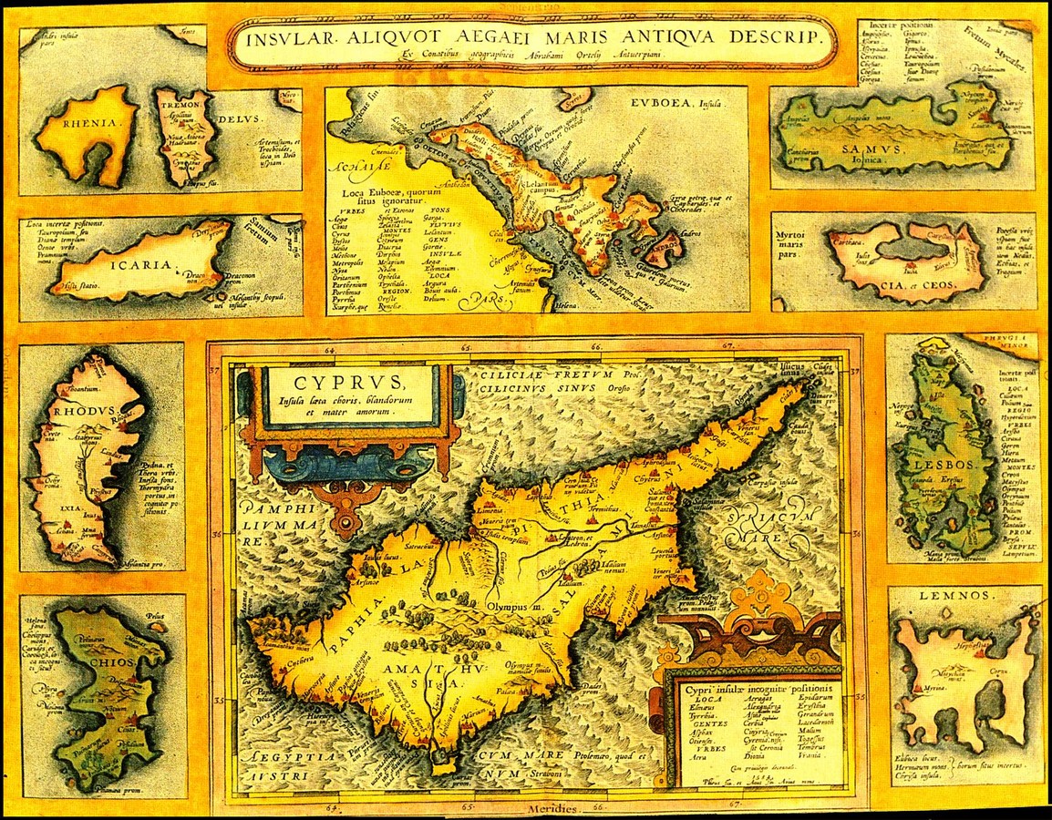 Abraham ORTELIUS, 'Insular. Aliquot Aegaei Maris Antiqua Descrip.' - 'Cyprus Insula laeta choris,...' (360x470mm) σελίδα 90, Theatrum Orbis Terrarum, Αμβέρσα 1608. Ιταλικά. Έγχρωμος.