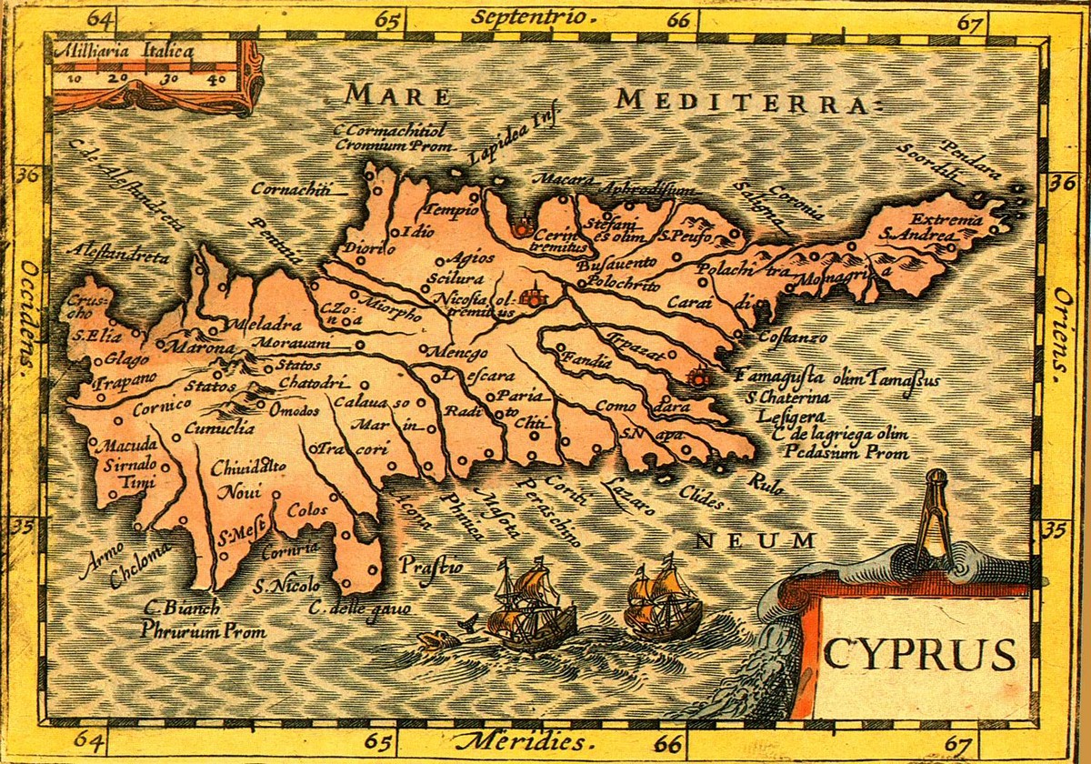Jodocus HONDIUS, Petrus BERTIUS, 'Cyprus' - 'Descriptio Cypri' (92x132mm) σελίδα 698, Tabularum Geographicarum, Αμστερντάμ 1616. Λατινικά. Έγχρωμος.