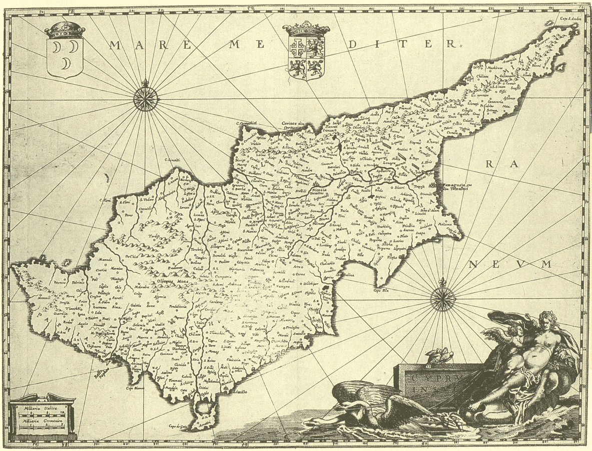 Willem Janszoon and Joan BLAEU, 'Cyprus Insula' (350x500mm), Theatrum Orbis Terrarum, sive Novus Atlas, Αμστερντάμ 1647. Λατινικά. Έγχρωμος. 