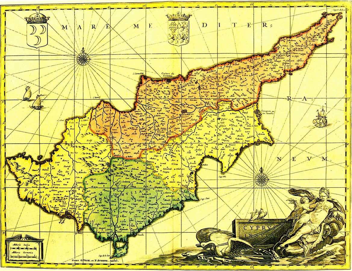 Gerard VALK et Petrus SCHENK, 'Cyprus Insula' (380x500mm), Άμστερνταμ ca 1705. Έγχρωμος.