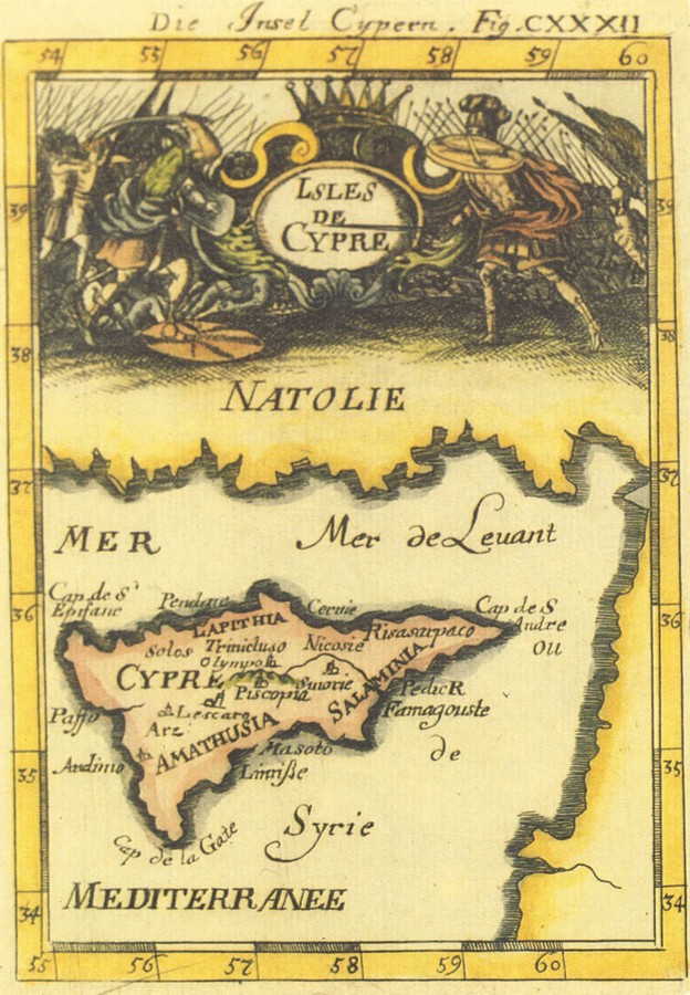 Alain Manesson MALLET, 'Die Insel Cypern' - 'Fig. CXXXII' (139x98mm), Description de l' Univers, Φρανκφούρτη 1719. Γερμανικά. Έγχρωμος.